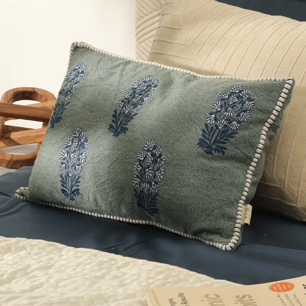 Posey Embroidered Cotton Rectangular Cushion Cover 50x30cm - Denim Blue