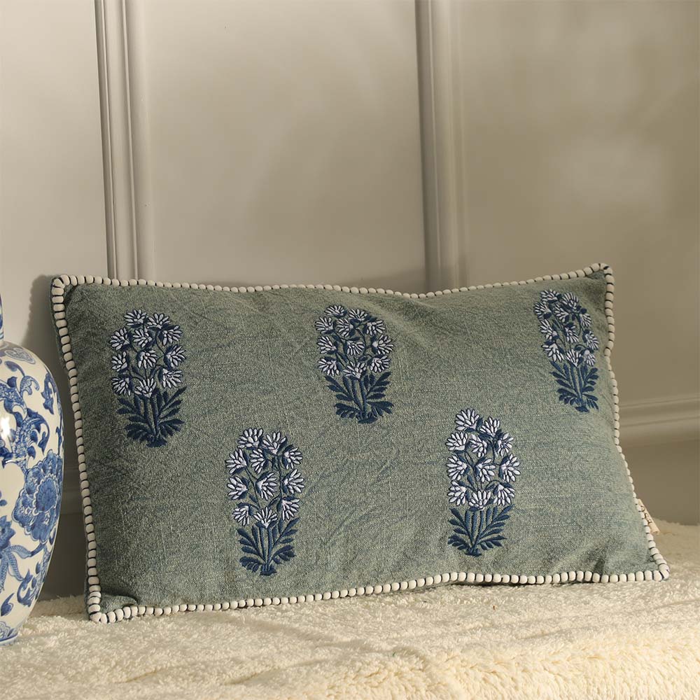 Posey Embroidered Cotton Rectangular Cushion Cover 50x30cm - Denim Blue