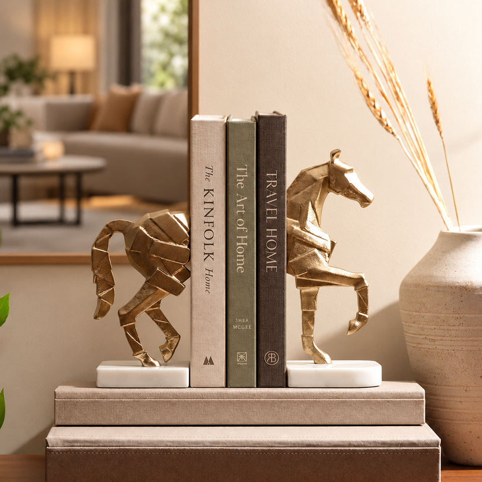 Prancing Horse Metal & Marble Bookends, Set of 2 - Gold White