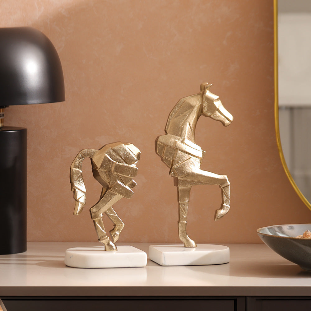 Prancing Horse Metal & Marble Bookends, Set of 2 - Gold White