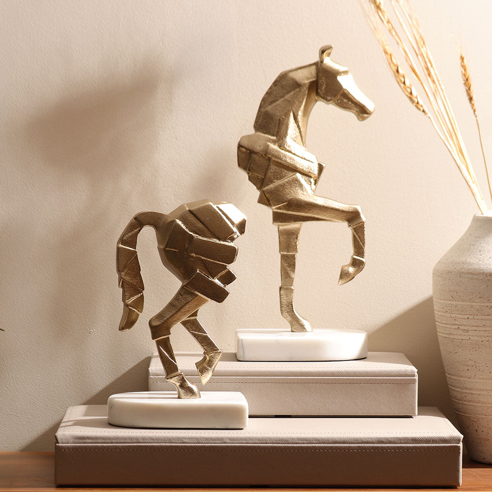 Prancing Horse Metal & Marble Bookends, Set of 2 - Gold White
