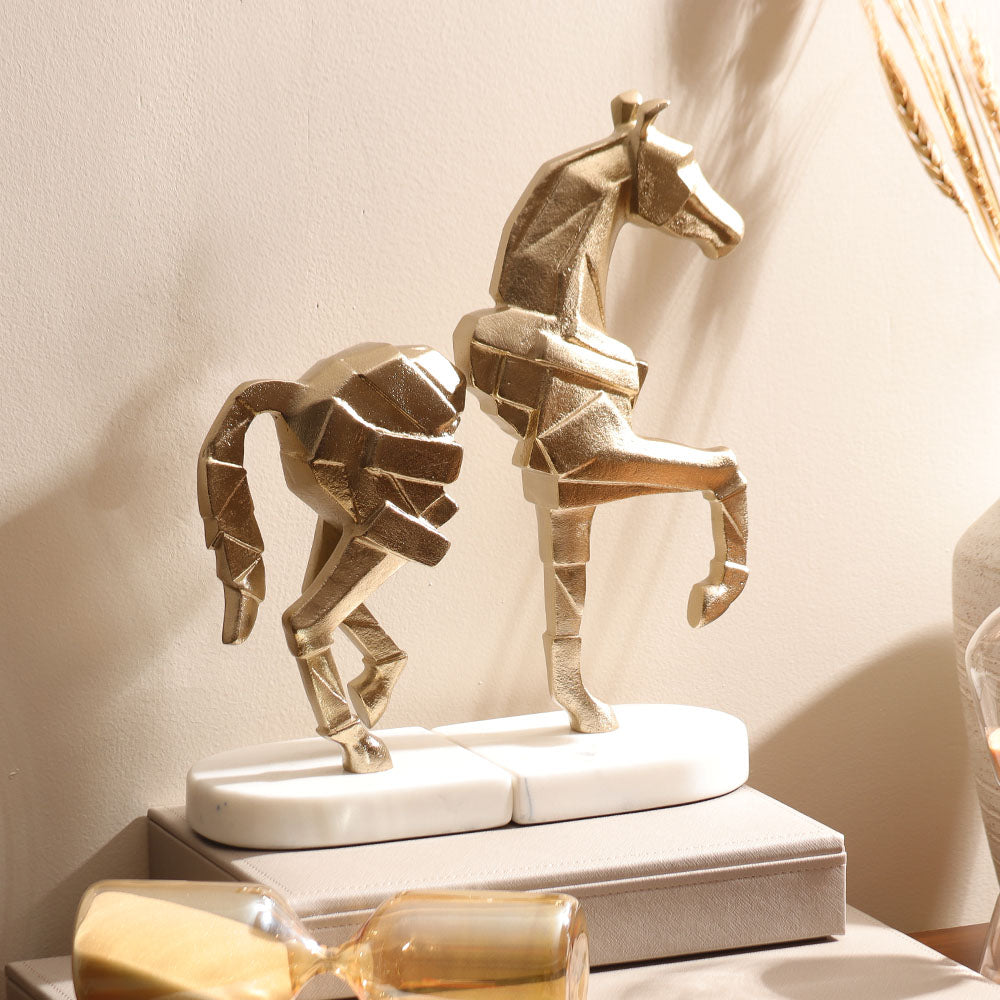 Prancing Horse Metal & Marble Bookends, Set of 2 - Gold White