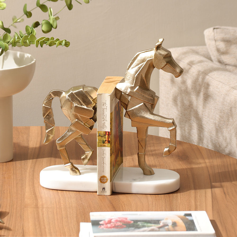 Prancing Horse Metal & Marble Bookends, Set of 2 - Gold White