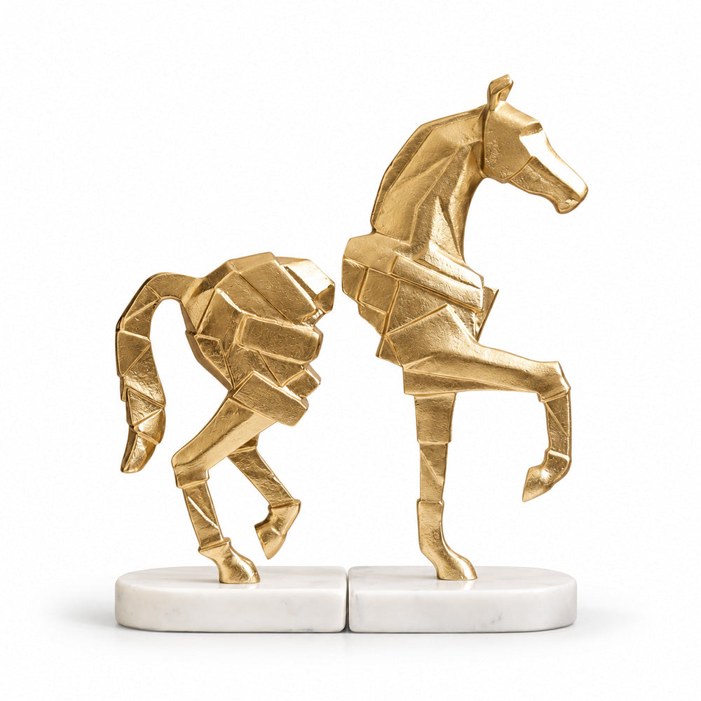 Prancing Horse Metal & Marble Bookends, Set of 2 - Gold White