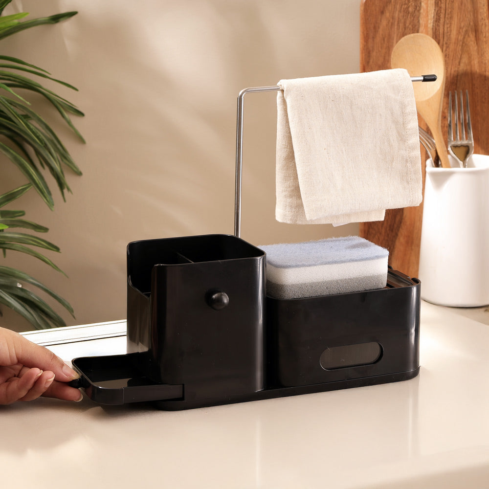 Purex Sink Organiser with Soap Dispenser & Towel Rack - Black