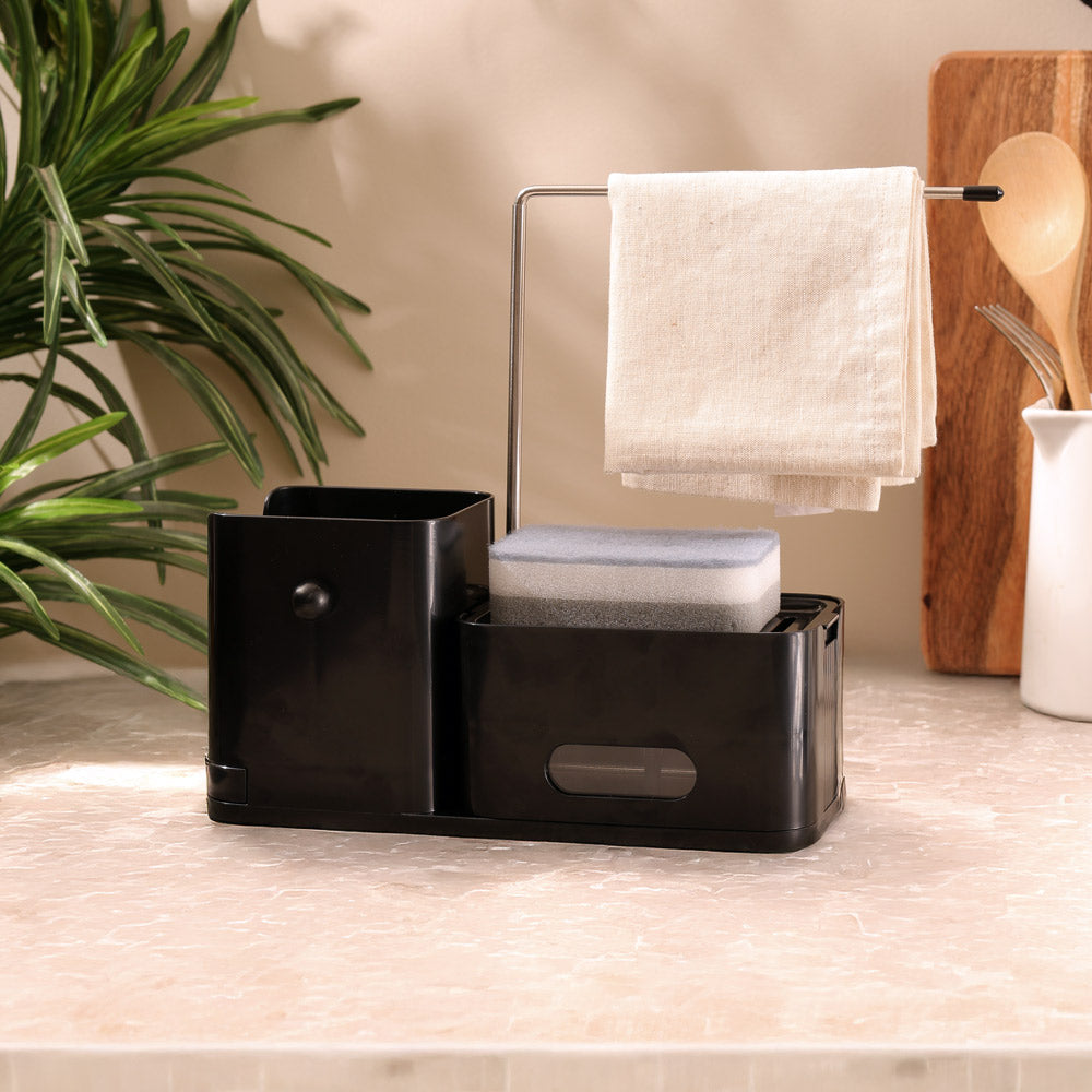 Purex Sink Organiser with Soap Dispenser & Towel Rack - Black