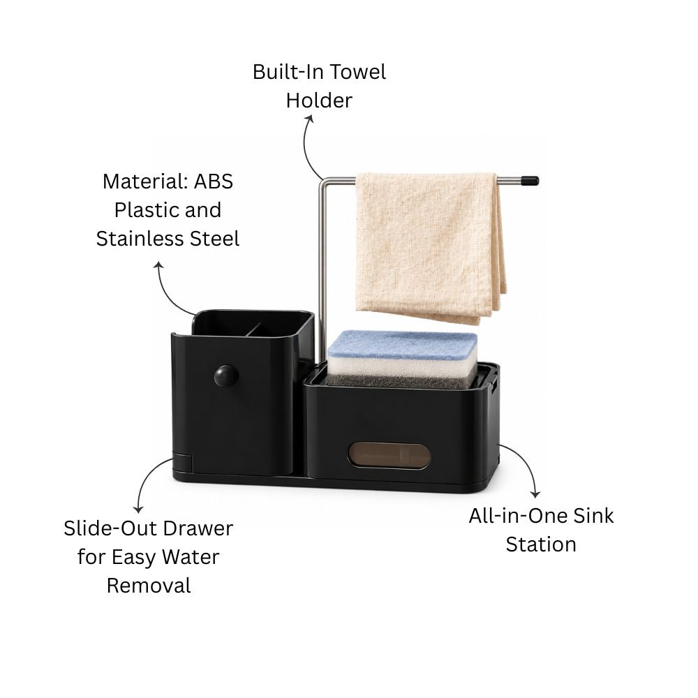Purex Sink Organiser with Soap Dispenser & Towel Rack - Black