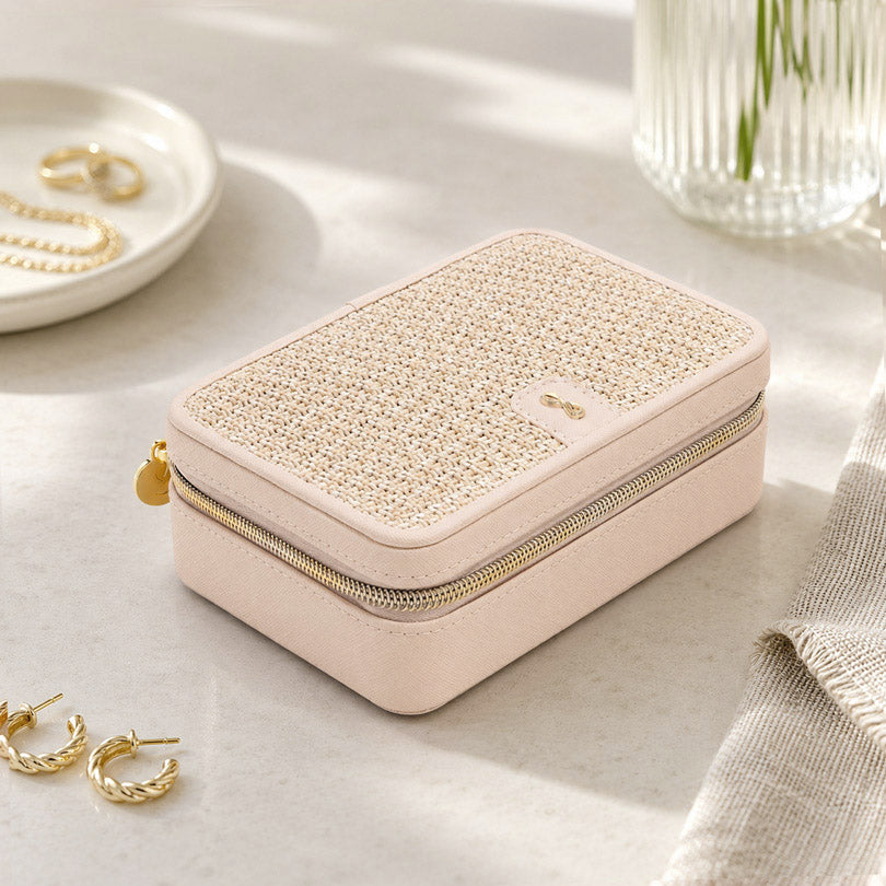 Raffia Luxury Travel Jewellery Box - Blush Pink