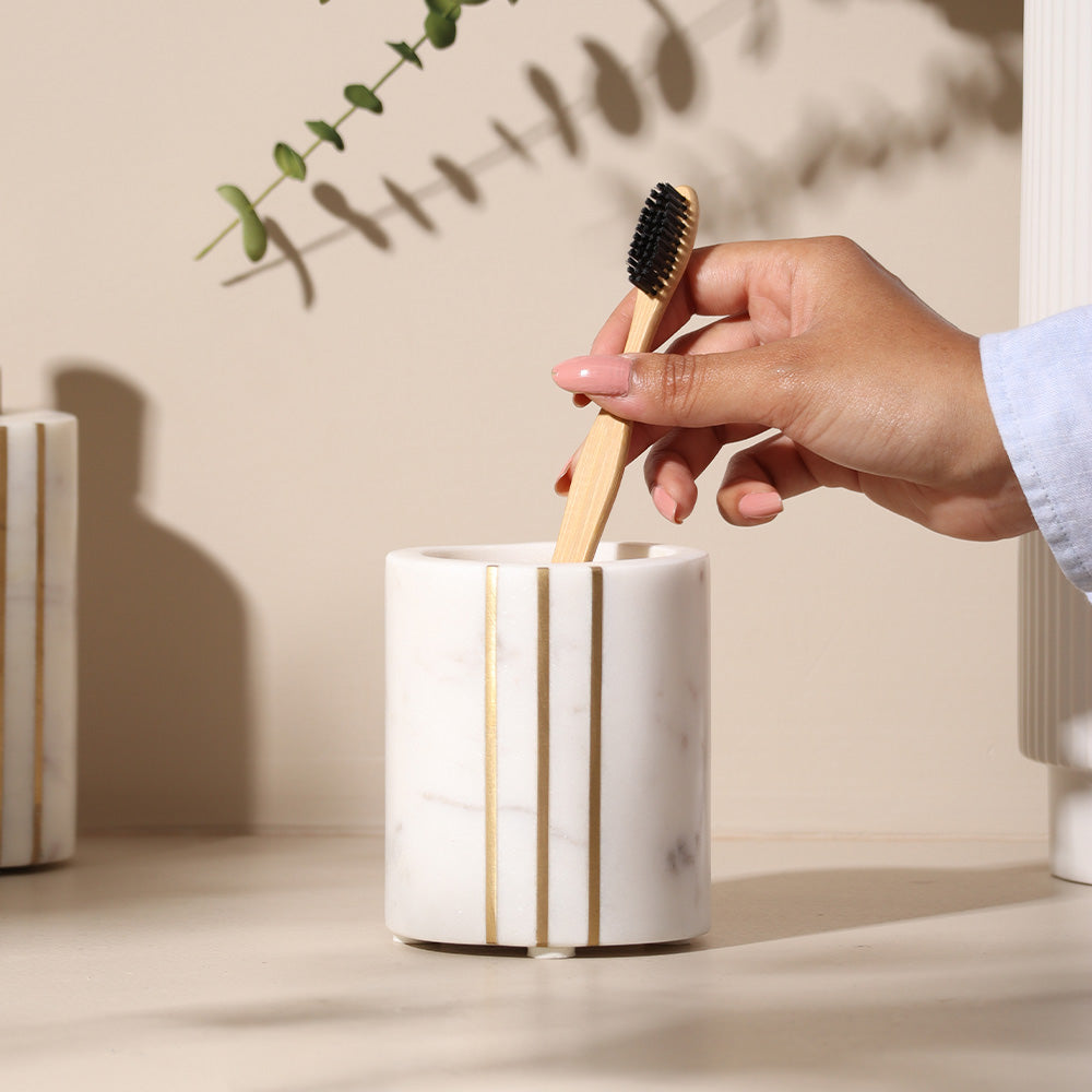 Raya Marble Toothbrush Tumbler - White Gold