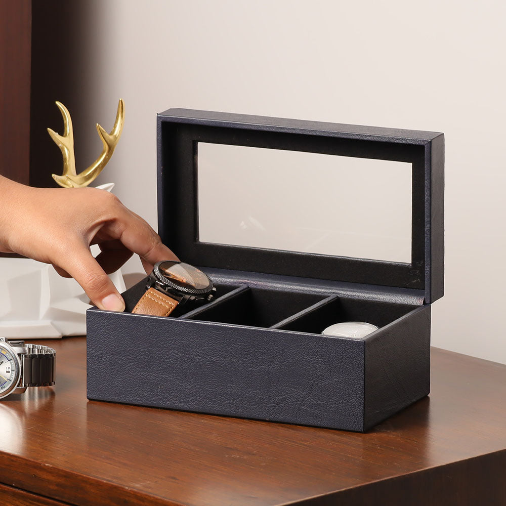 Reco 3-piece Leather Watch Box - Navy