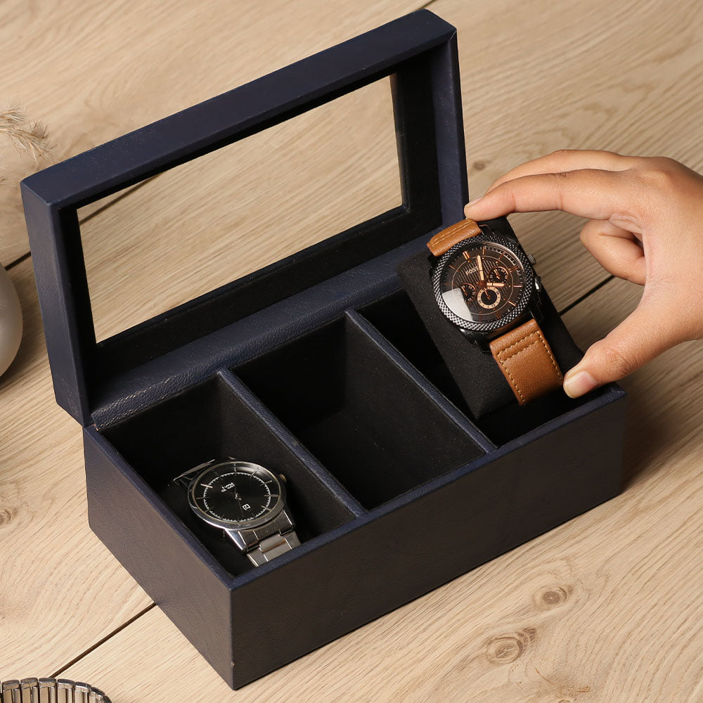 Reco 3-piece Leather Watch Box - Navy