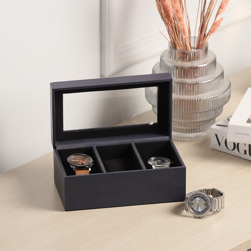 Reco 3-piece Leather Watch Box - Navy