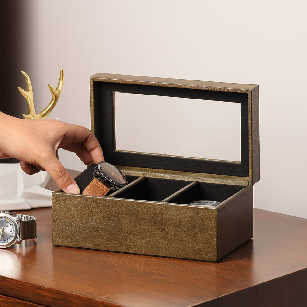 Reco 3-piece Leather Watch Box - Olive