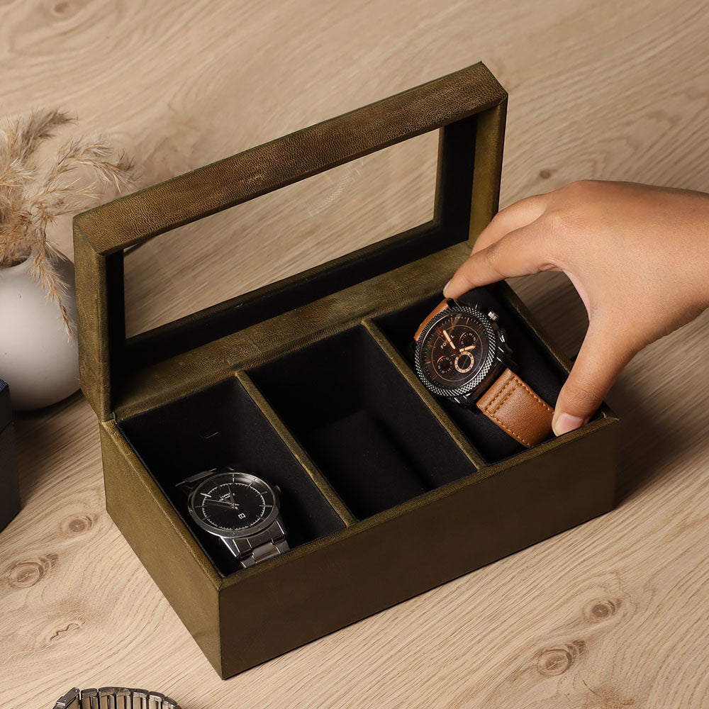 Reco 3-piece Leather Watch Box - Olive