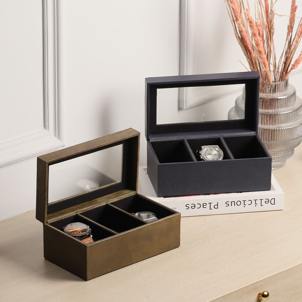 Reco 3-piece Leather Watch Box - Navy