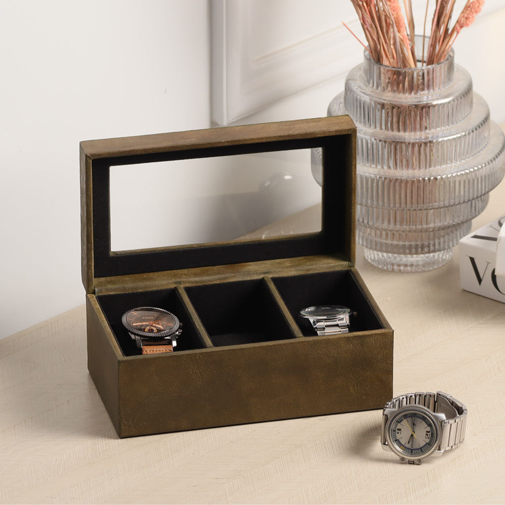 Reco 3-piece Leather Watch Box - Olive