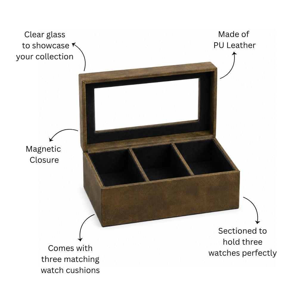 Reco 3-piece Leather Watch Box - Olive
