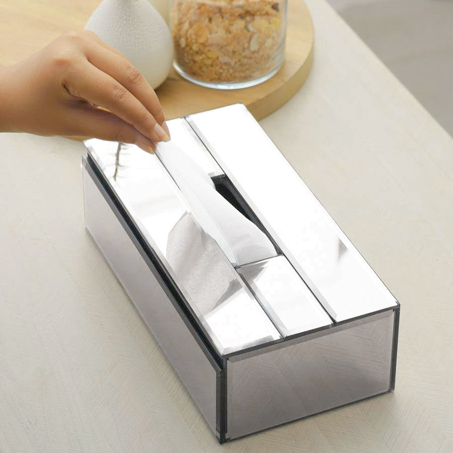 Rectangular Mirror Tissue Box Holder - Silver