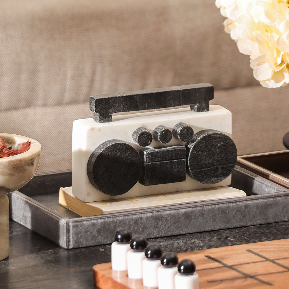 Retro Radio Marble Sculpture - Monochrome