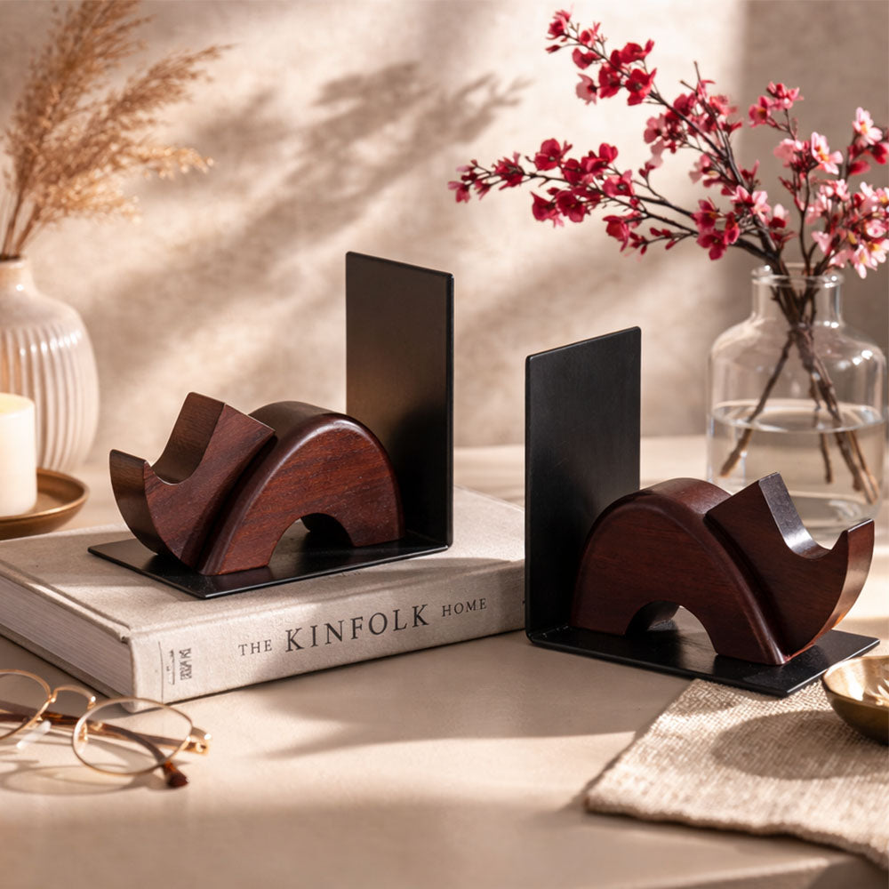 Rhino Metal and Wood Bookends, Set of 2 - Brown Black