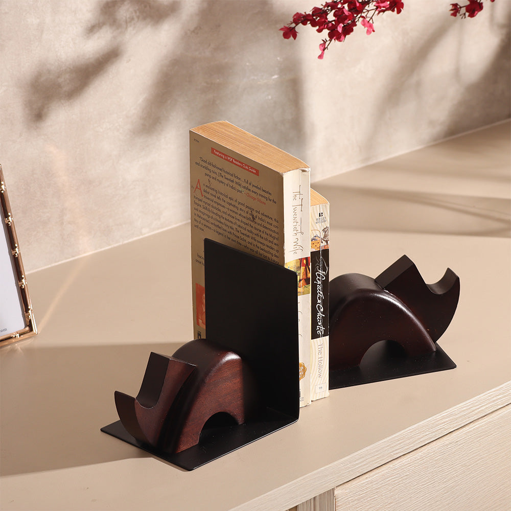 Rhino Metal and Wood Bookends, Set of 2 - Brown Black
