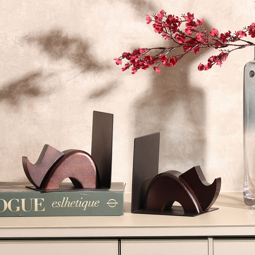 Rhino Metal and Wood Bookends, Set of 2 - Brown Black