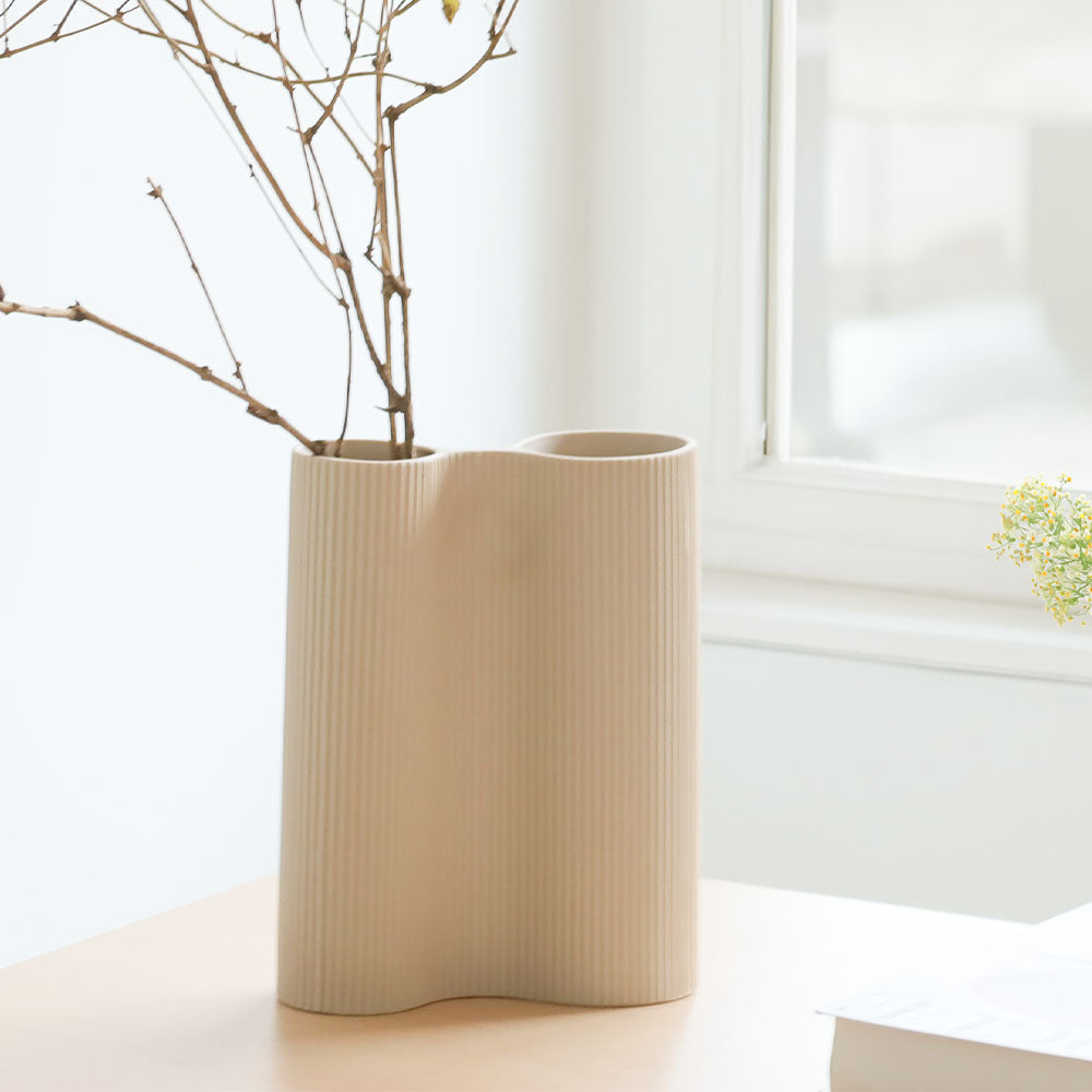 Ribbed Duo Vase - Beige