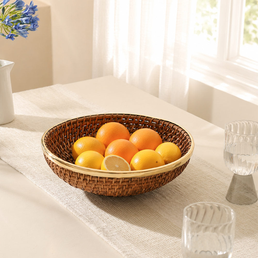 Rifah Rattan & Brass Fruit Basket Large - Brown Gold