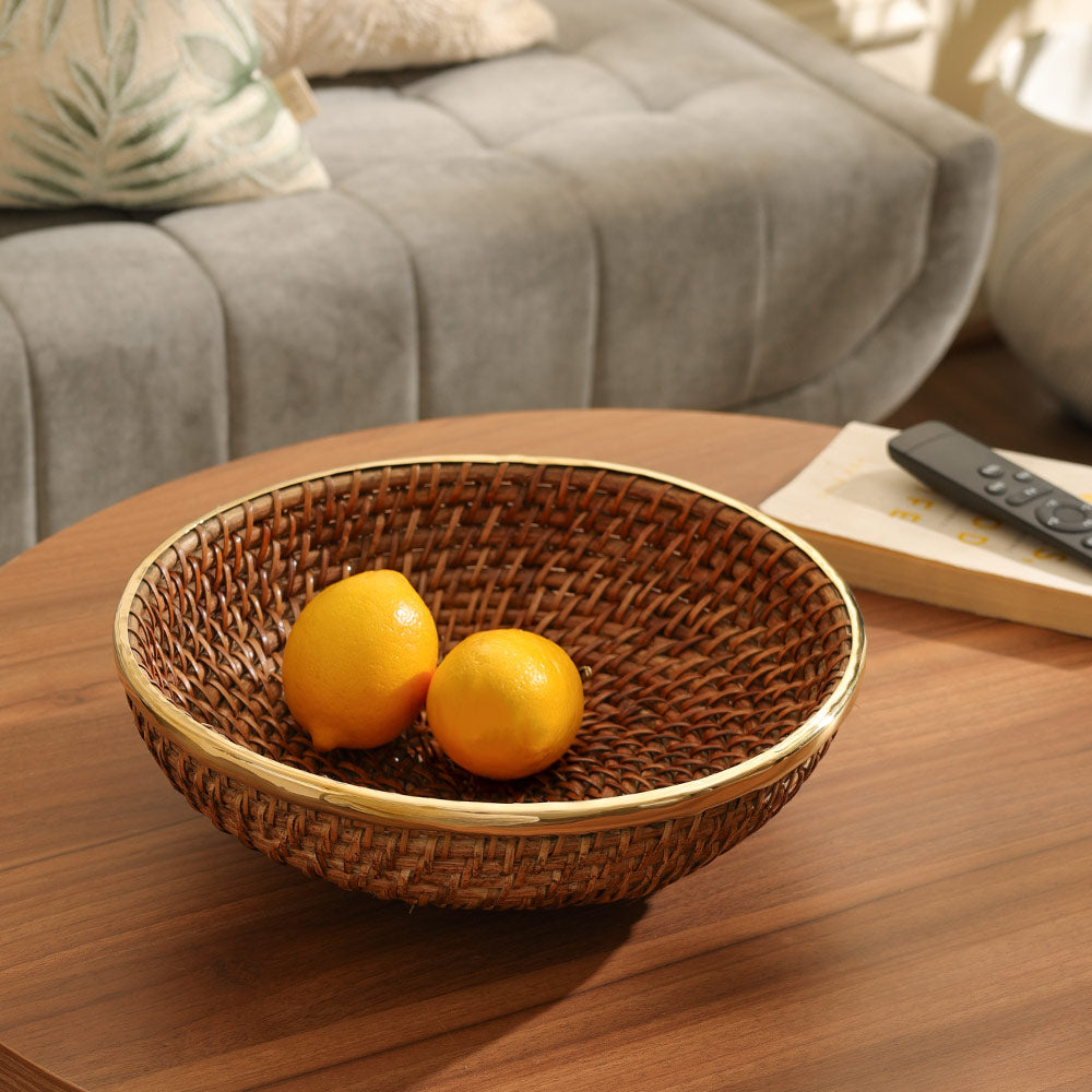 Rifah Rattan & Brass Fruit Basket Large - Brown Gold