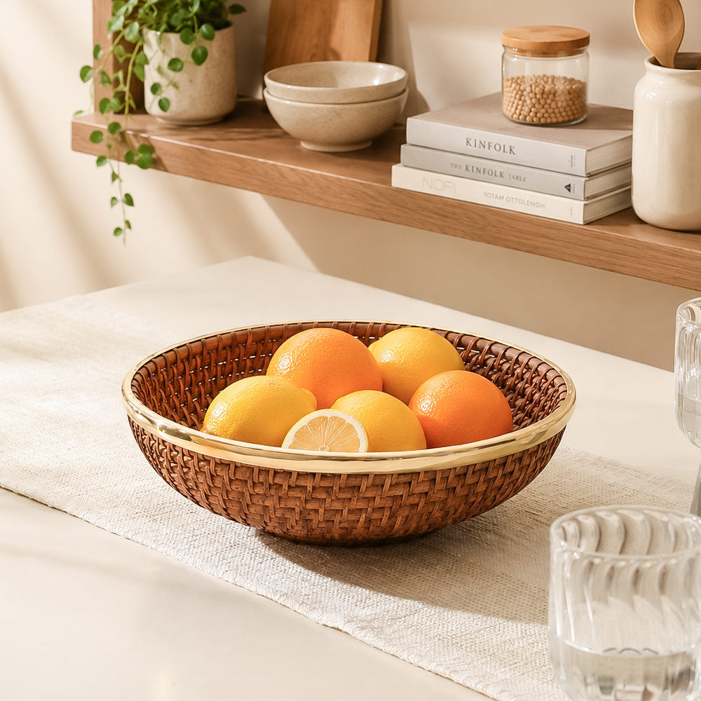 Rifah Rattan & Brass Fruit Basket Large - Brown Gold
