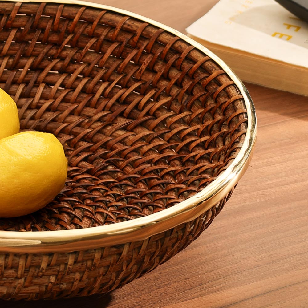 Rifah Rattan & Brass Fruit Basket Large - Brown Gold