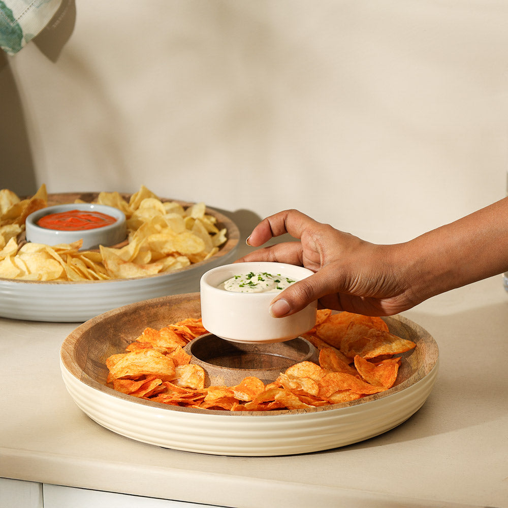 Riko Mango Wood Ribbed Chip and Dip Platter - Cream