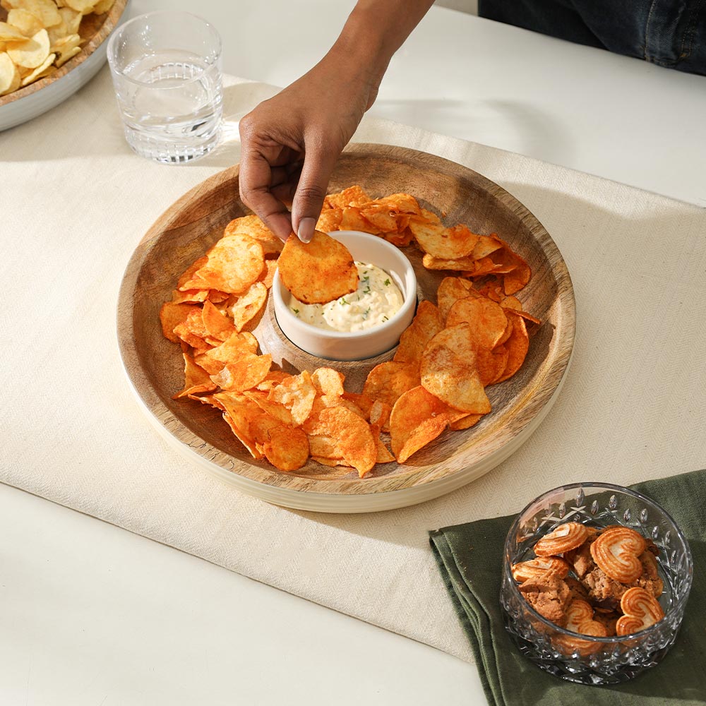 Riko Mango Wood Ribbed Chip and Dip Platter - Cream