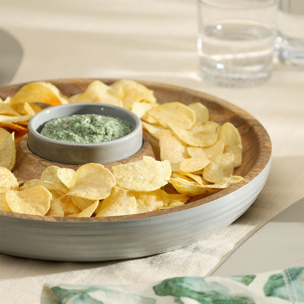 Riko Mango Wood Ribbed Chip and Dip Platter - Periwinkle