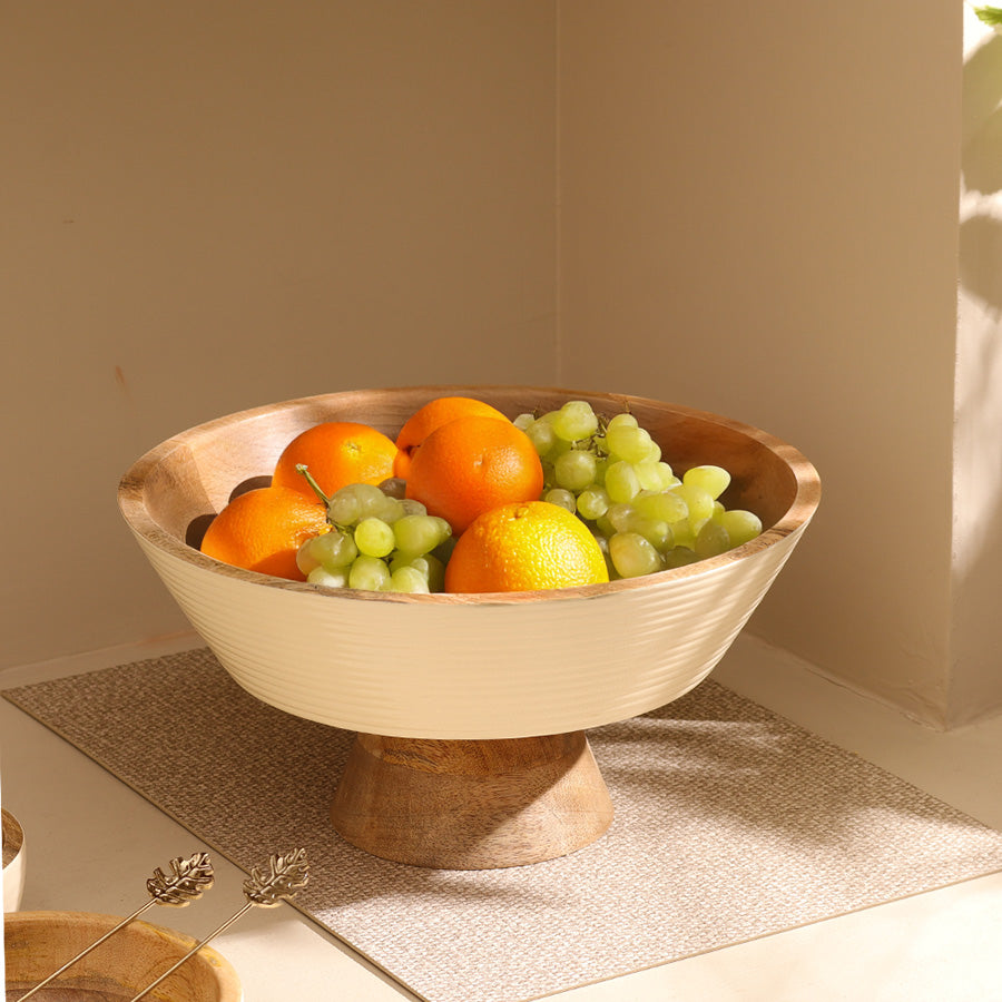 Riko Mango Wood Elevated Ribbed Bowl Large - Cream