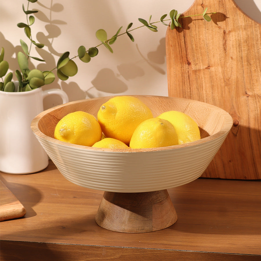 Riko Mango Wood Elevated Ribbed Bowl Large - Cream