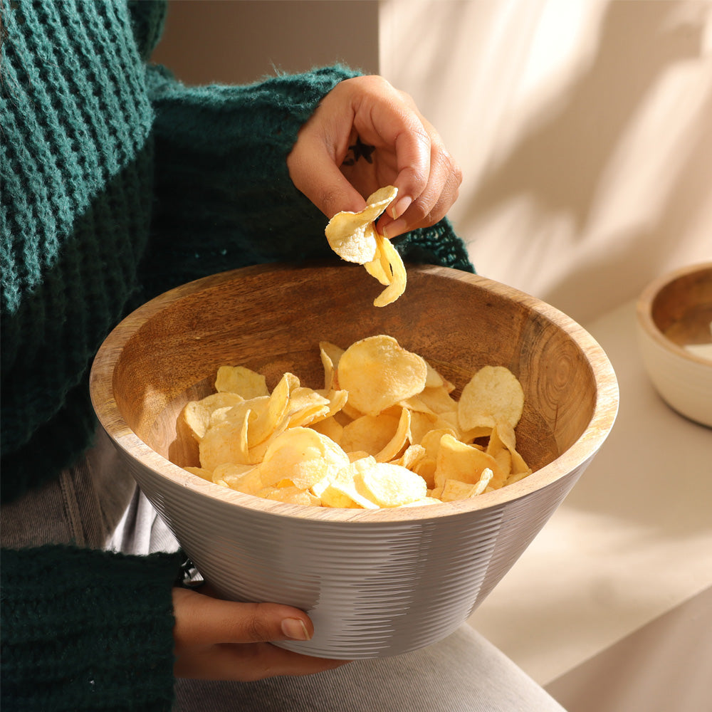 Riko Mango Wood Tapered Ribbed Bowl Large - Periwinkle