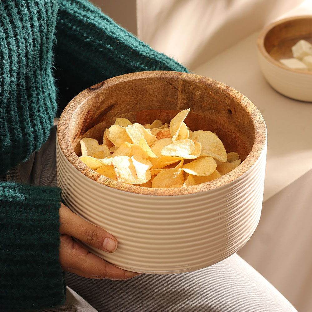 Riko Mango Wood Ribbed Bowl Medium - Cream