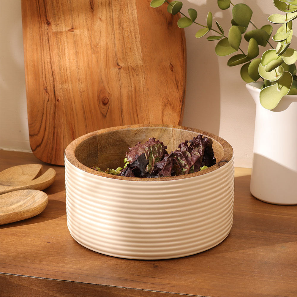 Riko Mango Wood Ribbed Bowl Medium - Cream