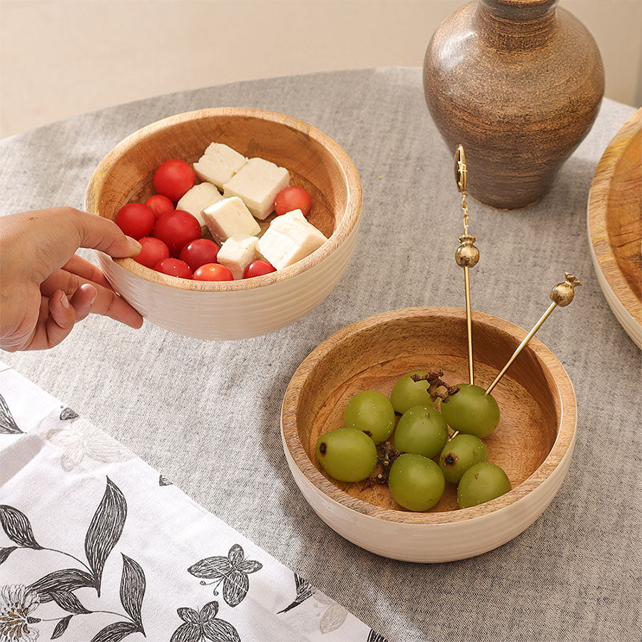 Riko Mango Wood Ribbed Bowls, Set of 2 - Cream