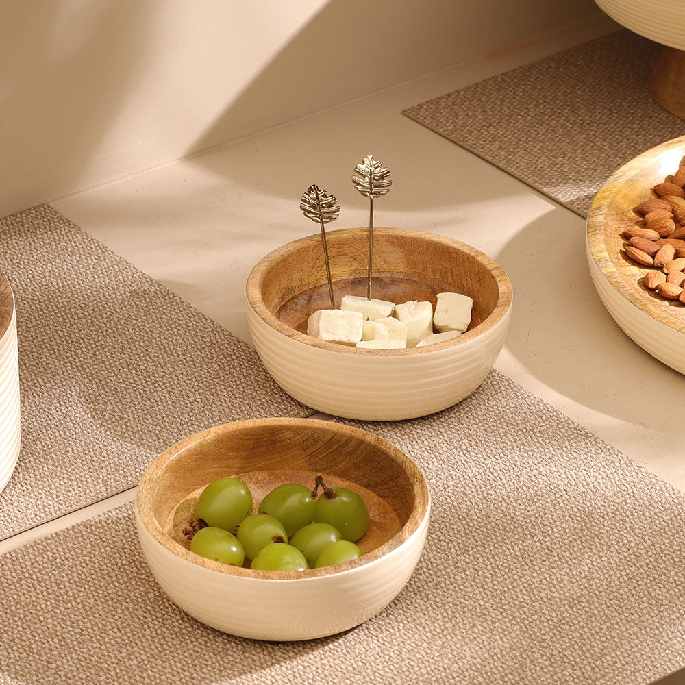 Riko Mango Wood Ribbed Bowls, Set of 2 - Cream