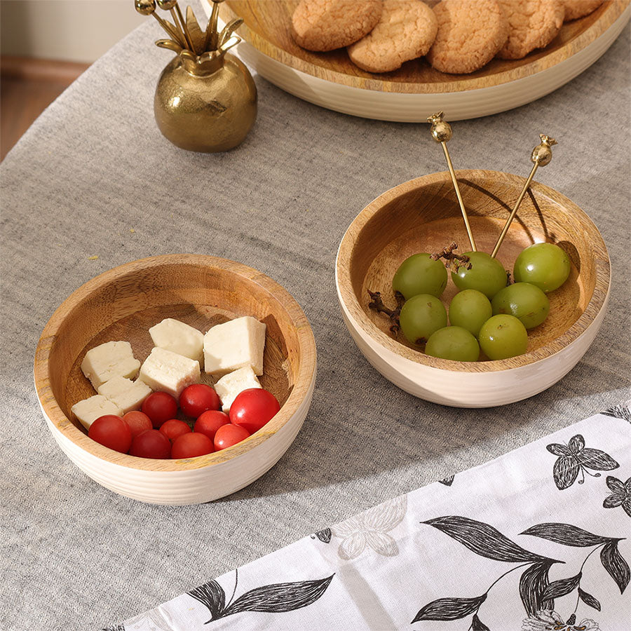 Riko Mango Wood Ribbed Bowls, Set of 2 - Cream