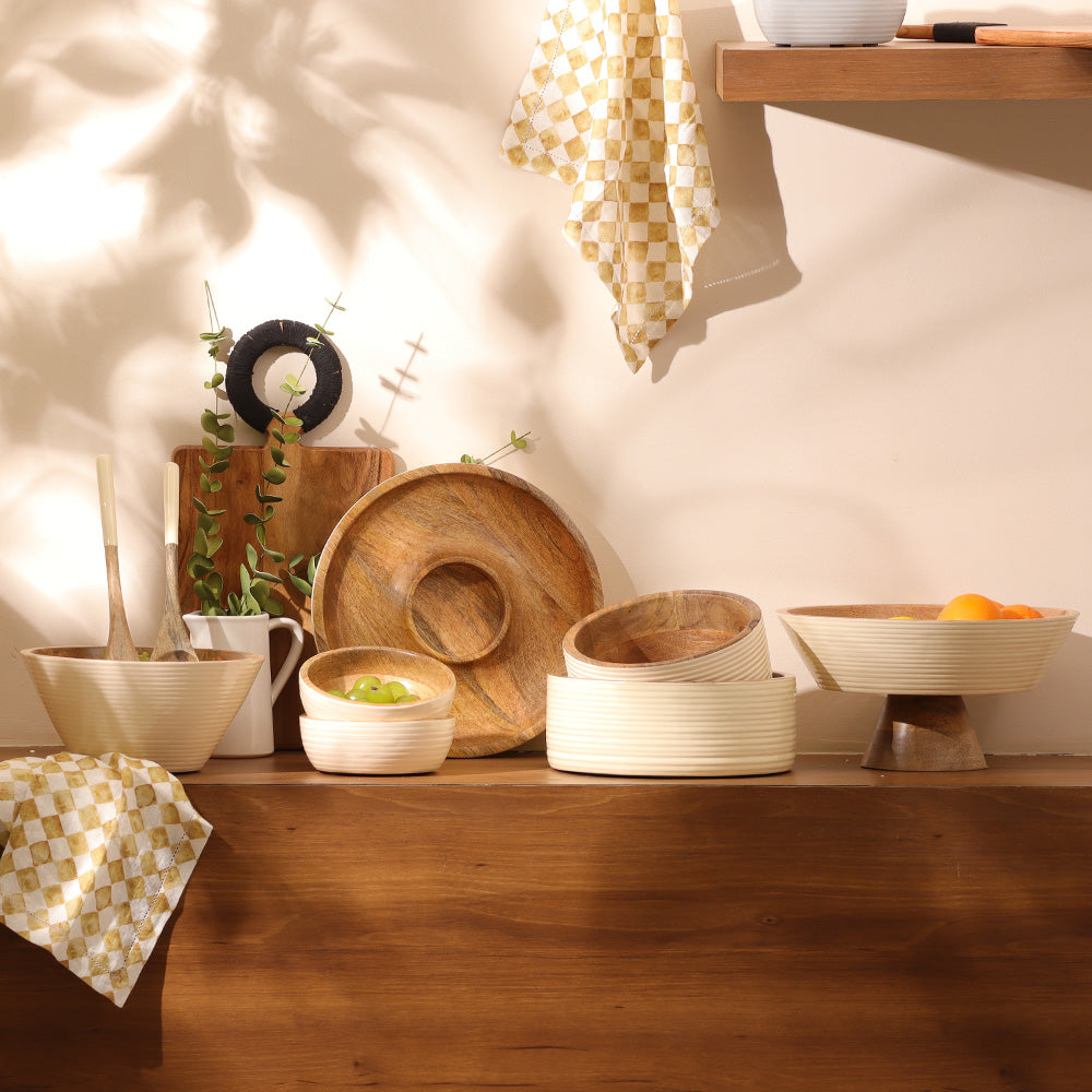 Riko Mango Wood Ribbed Bowl Medium - Cream