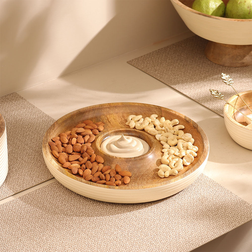 Riko Mango Wood Ribbed Chip and Dip Platter - Cream