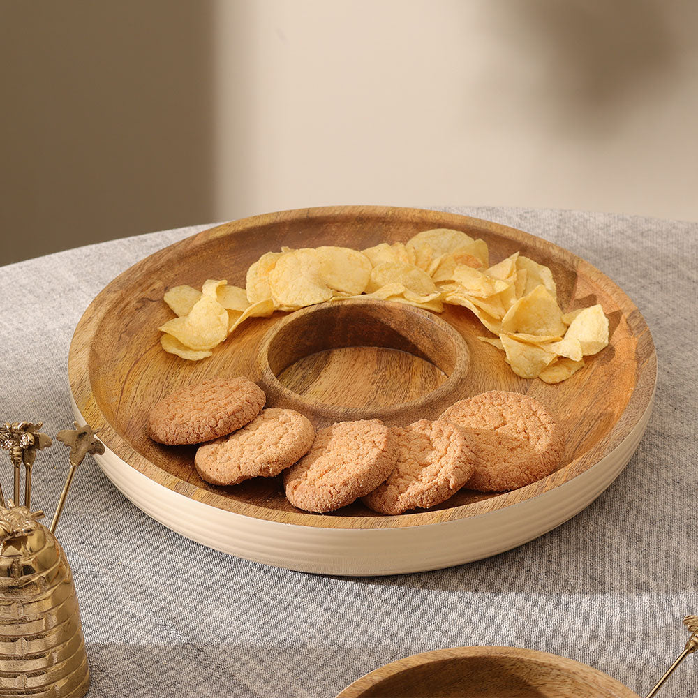 Riko Mango Wood Ribbed Chip and Dip Platter - Cream