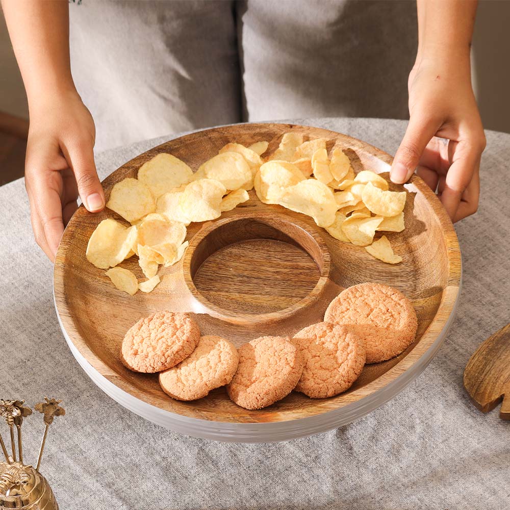 Riko Mango Wood Ribbed Chip and Dip Platter - Periwinkle