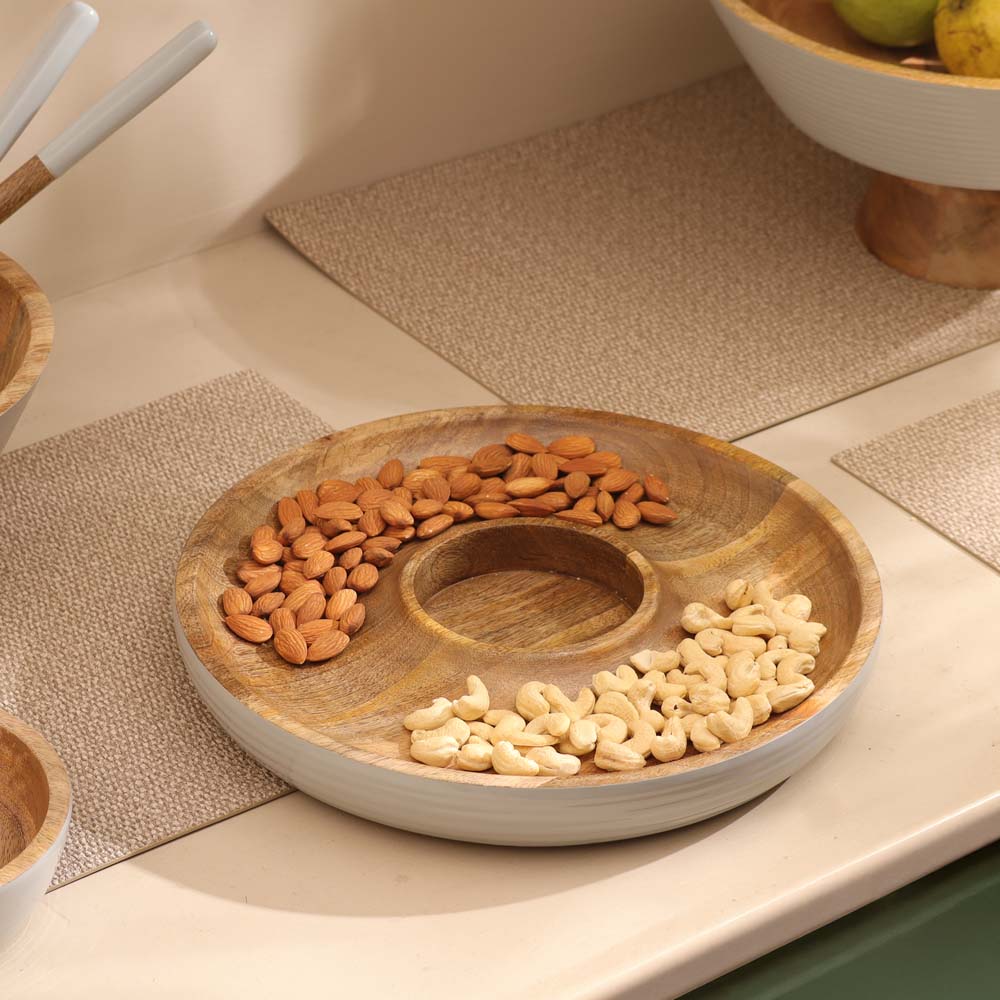 Riko Mango Wood Ribbed Chip and Dip Platter - Periwinkle