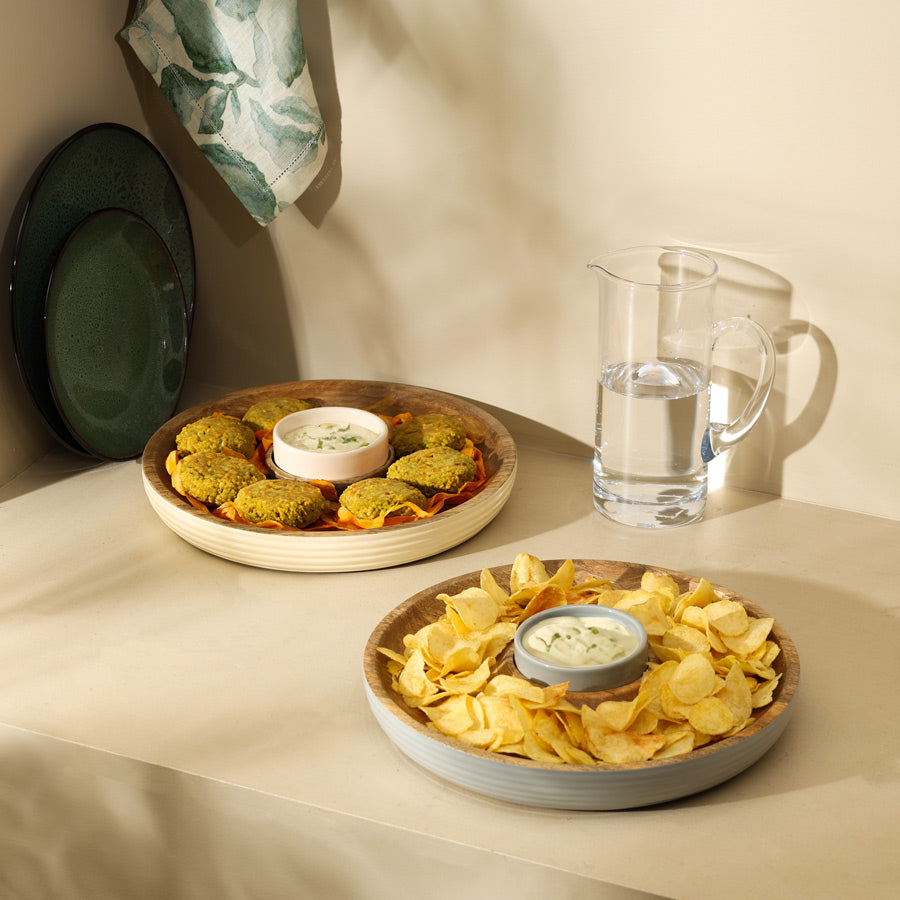 Riko Mango Wood Ribbed Chip and Dip Platter - Cream