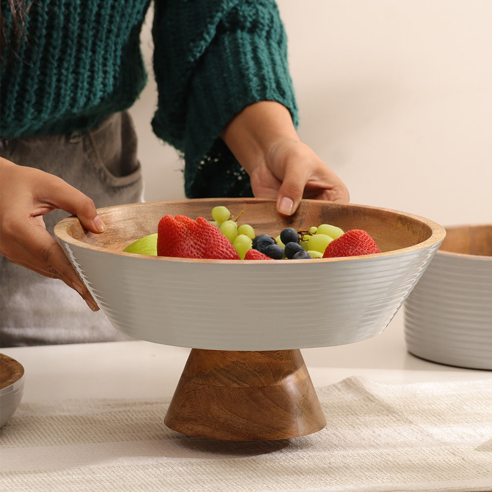Riko Mango Wood Elevated Ribbed Bowl Large - Periwinkle