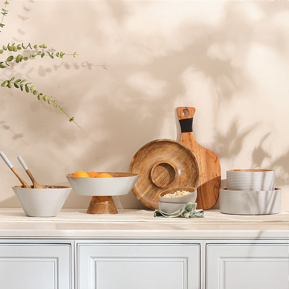 Riko Mango Wood Elevated Ribbed Bowl Large - Periwinkle